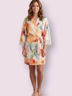 Linea Donatella Lindsey Garden Kimono Short Satin Robe Small Medium with Belt